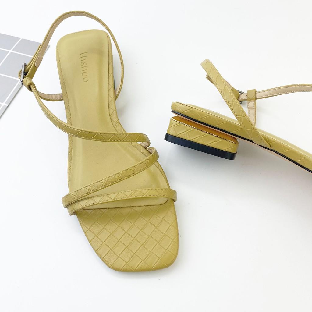 Sandal cao gót nữ 1,5 phân quai mảnh mũi vuông họa tiết caro 1 cm cao cấp HISHOO màu xanh mint S010