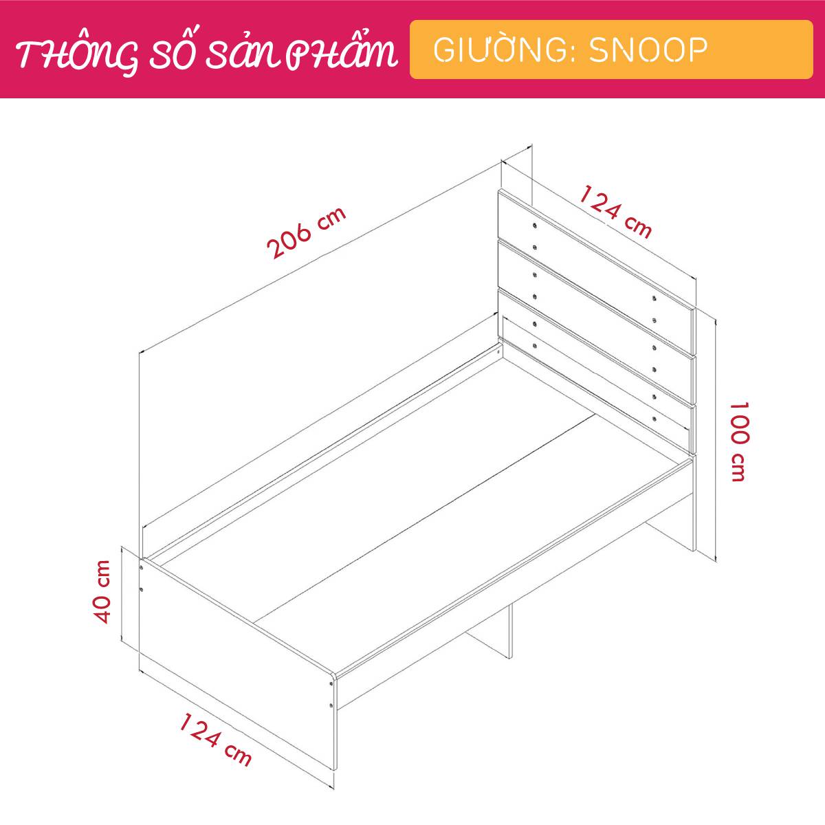 Giường ngủ gỗ hiện đại SMLIFE Snoop | Gỗ MDF dày 17mm chống ẩm | D206xR125xC100cm