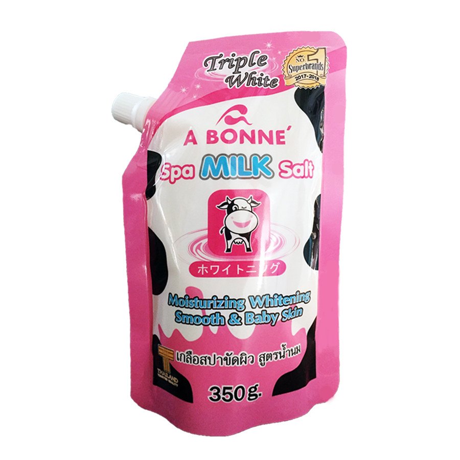 Muối Tắm Sữa Bò Tẩy Tế Bào Chết A Bonne Spa Milk Salt Nhập Khẩu Từ Thái Lan (350gram/Gói Có Vòi), Hạt Mịn Thơm Mùi Sữa, Giúp Làm Sạch Và Làn Da Mịn Màng