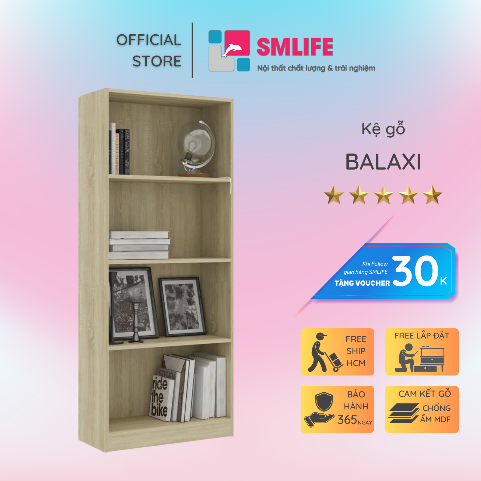 Kệ sách, kệ trang trí gỗ hiện đại SMLIFE Balaxi  | Gỗ MDF dày 17mm chống ẩm | D60xR28xC140cm