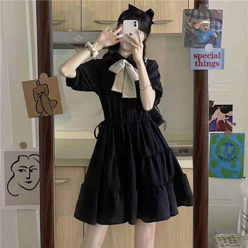 Đầm BabyDoll Nữ Cộc Tay Nơ Buộc Nơ Dáng Xòe 3 Tầng Trơn Ngắn Tay 2 Màu siêu xinh