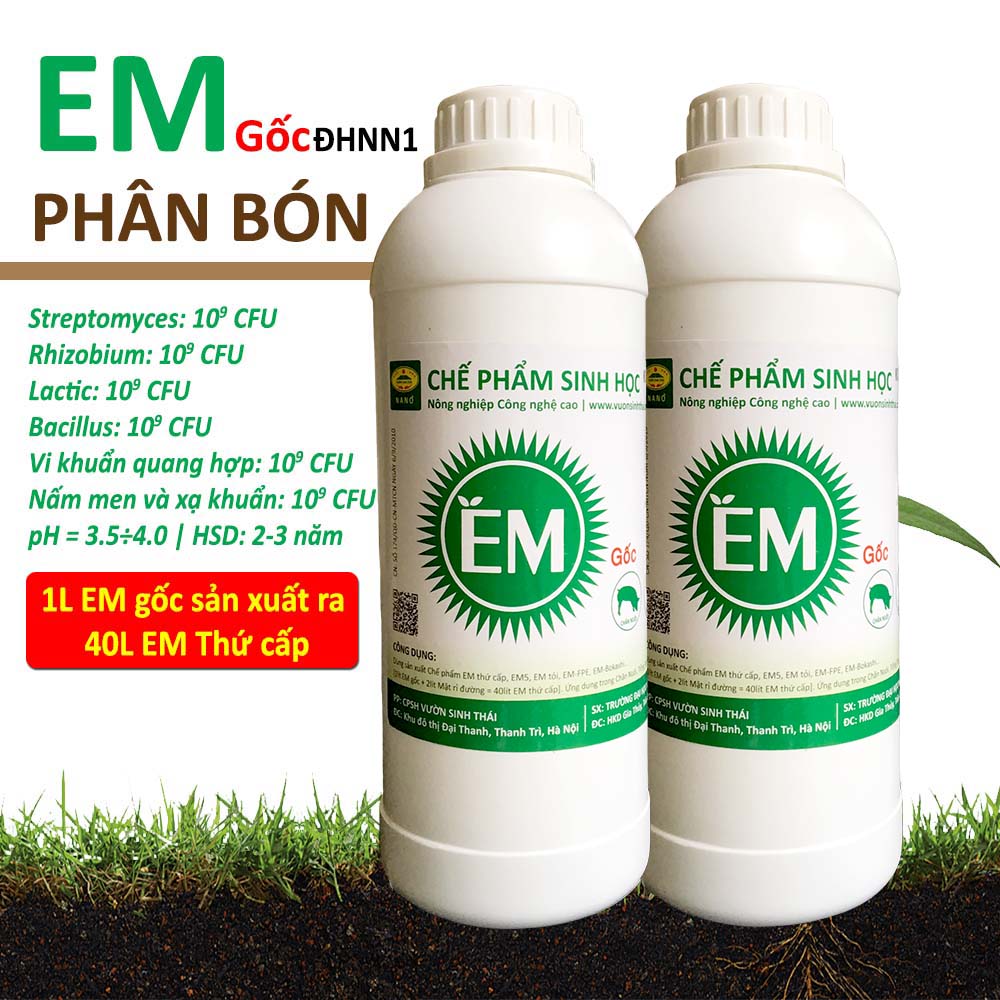 Combo 2 chai Chế phẩm sinh học EM gốc (EM1). Men vi sinh Đại Học Nông Nghiệp 1 Hà Nội. Chứa hàng tỷ bào tử hữu hiệu. Từ 1 lít EM gốc sản xuất ra 40 lít EM thứ cấp. HSD: 2 năm