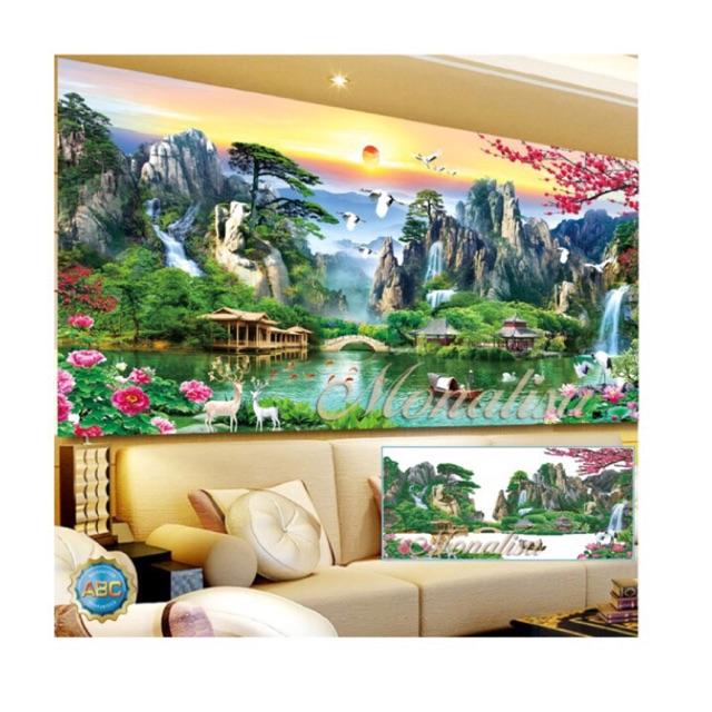Tranh đính đá phong cảnh sơn thủy hữu tình 2mx90cm đẹp