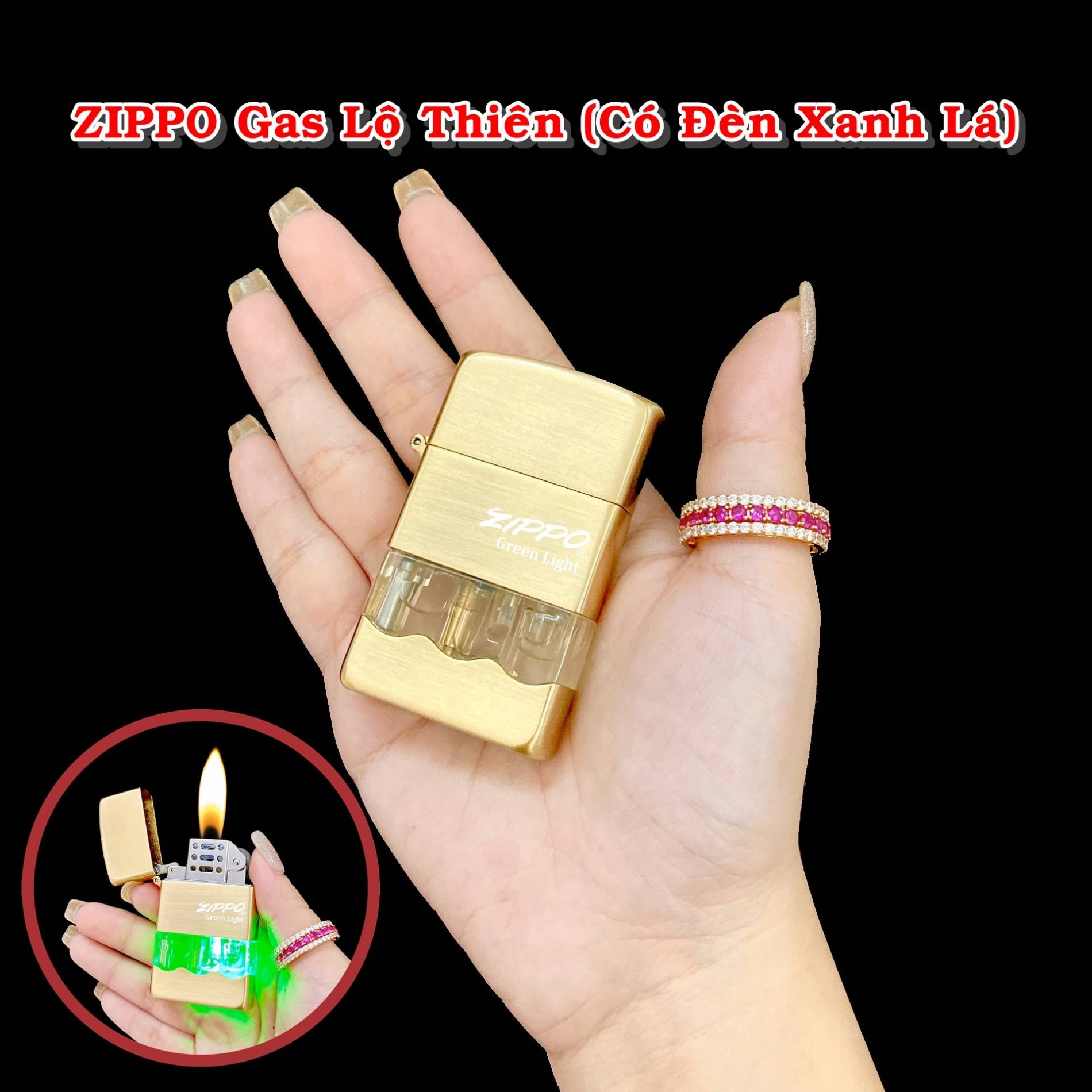 Hột quẹt bật lửa Zipo gas lộ thiên kiểu gợn sóng (có đèn xanh lá) - (xài gas)