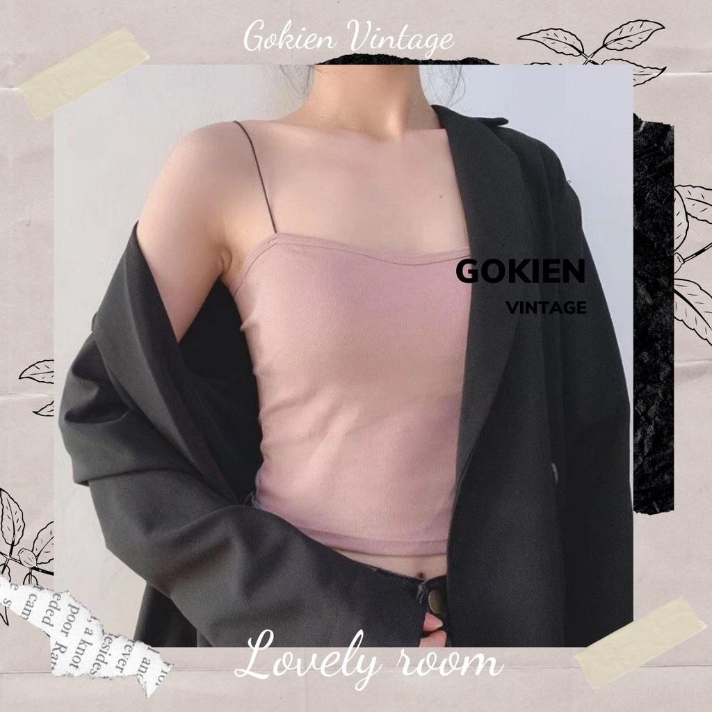 Áo hai dây ôm sát vải cotton mịn co giãn dây có chốt điều chỉnh, GOKIEN VINTAGE
