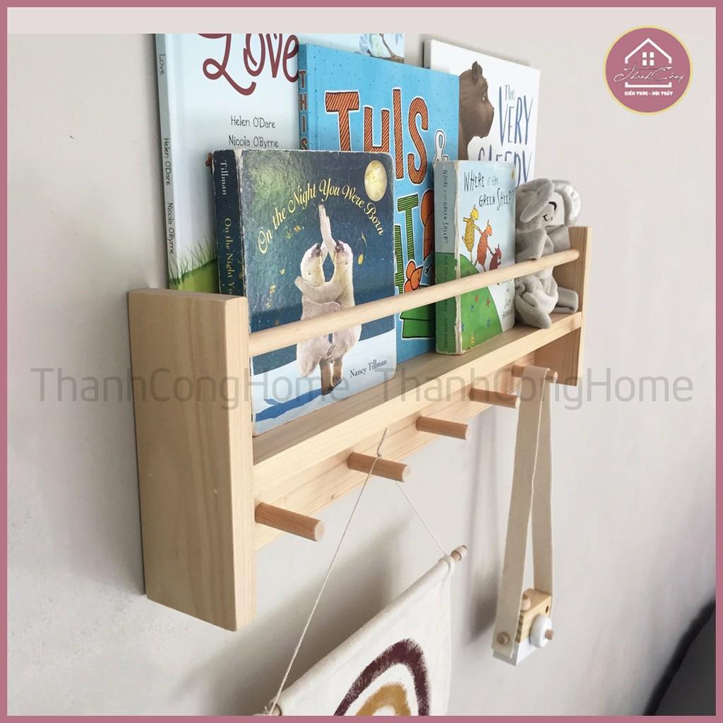 Móc Treo Gỗ Thông Decor, Móc Kết Hợp Kệ Sách Gắn Tường