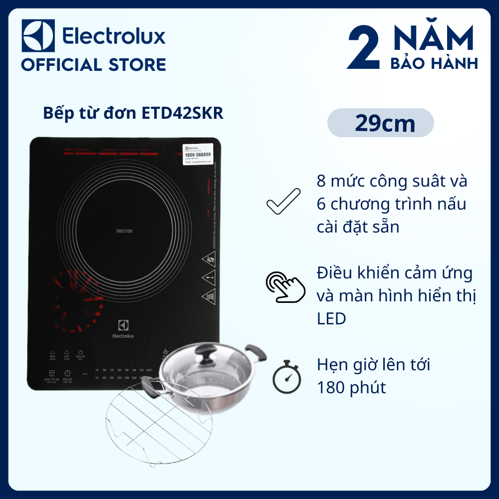 Bếp từ đơn Electrolux ETD42SKR 29cm 8 mức công suât và 6 chương trình nấu cài đặt sẵn [Hàng chính hãng]