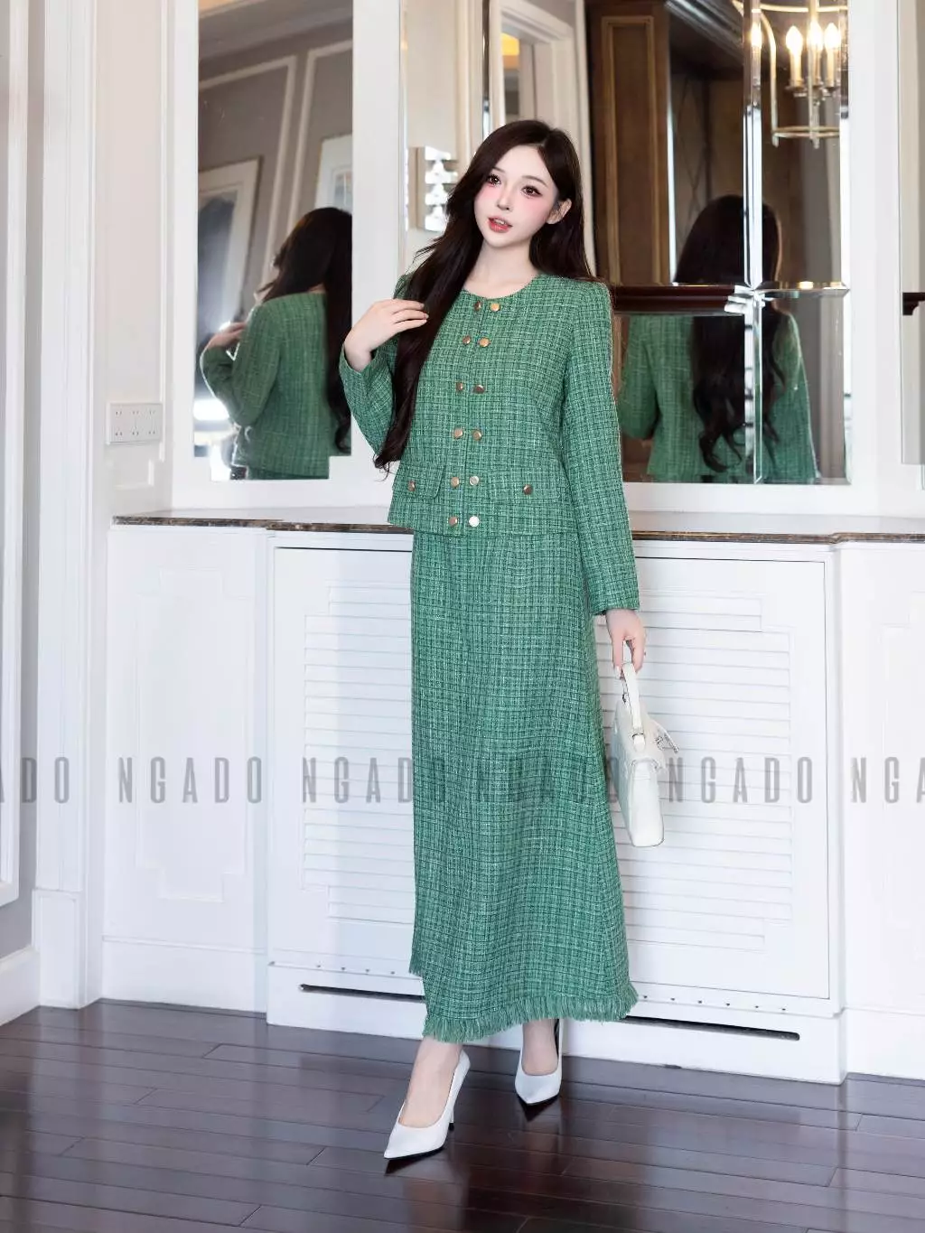 Set áo váy tweed xanh lá NGADO , set áo kèm chân váy dáng dài