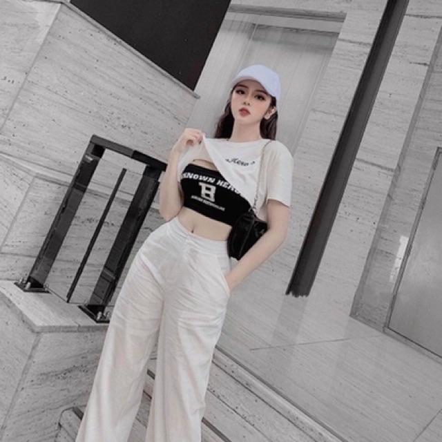 Áo thun phối áo ống croptop in chữ B