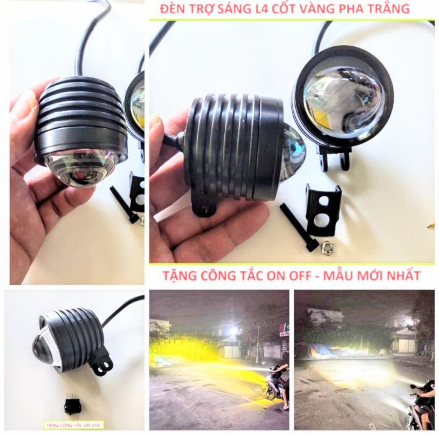 SIÊU SÁNG VỚI 1 ĐÈN TRỢ SÁNG L4 BI CẦU SÁNG 2 CHẾ ĐỘ TRẮNG VÀNG LẮP XE MÁY XE HƠI ÔTÔ MẪU MỚI HÀNG CHẤT LƯỢNG