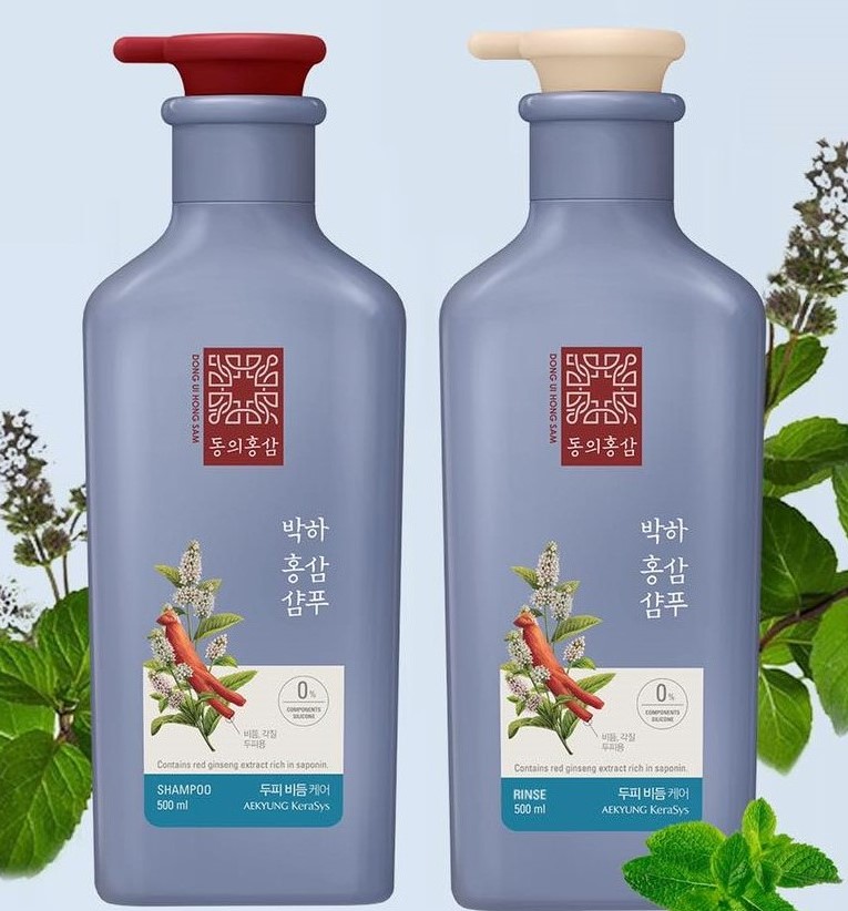 Dầu Gội Xả Ngăn Ngừa Gàu và Rụng Tóc Kerasys Peppermint Red Ginseng Hồng Sâm Bạc Hà  500ml tặng móc khóa