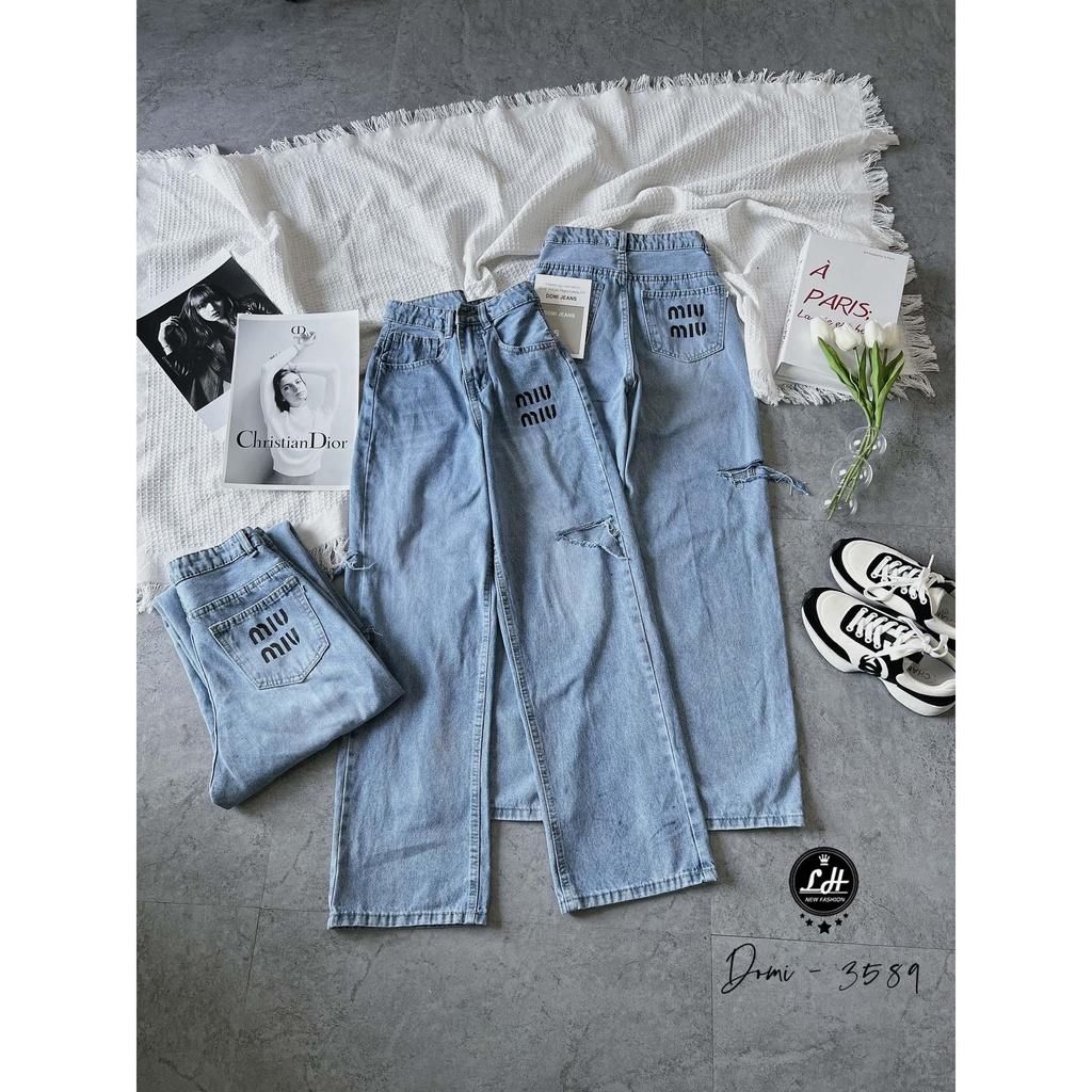 Quần jean nữ ống rộng, quần bò màu xanh rách gối to rách sườn MIU MIU siêu cưng Lê Huy Fashion MS 3589
