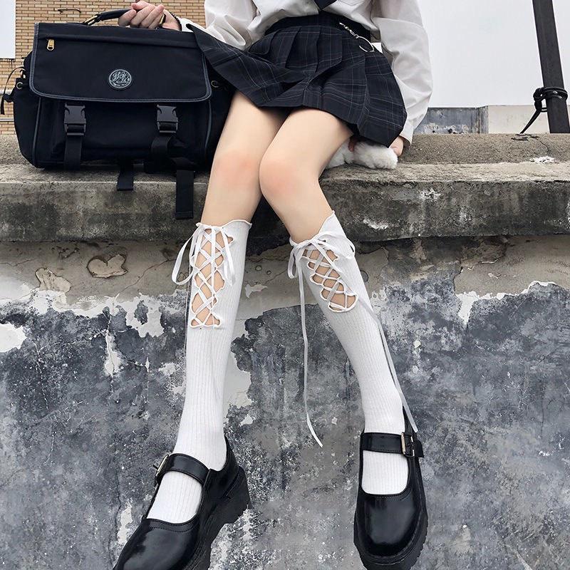 Vớ/ Tất nữ cotton LOLITA buộc dây mảnh Tất nữ dài dưới gối mềm mại