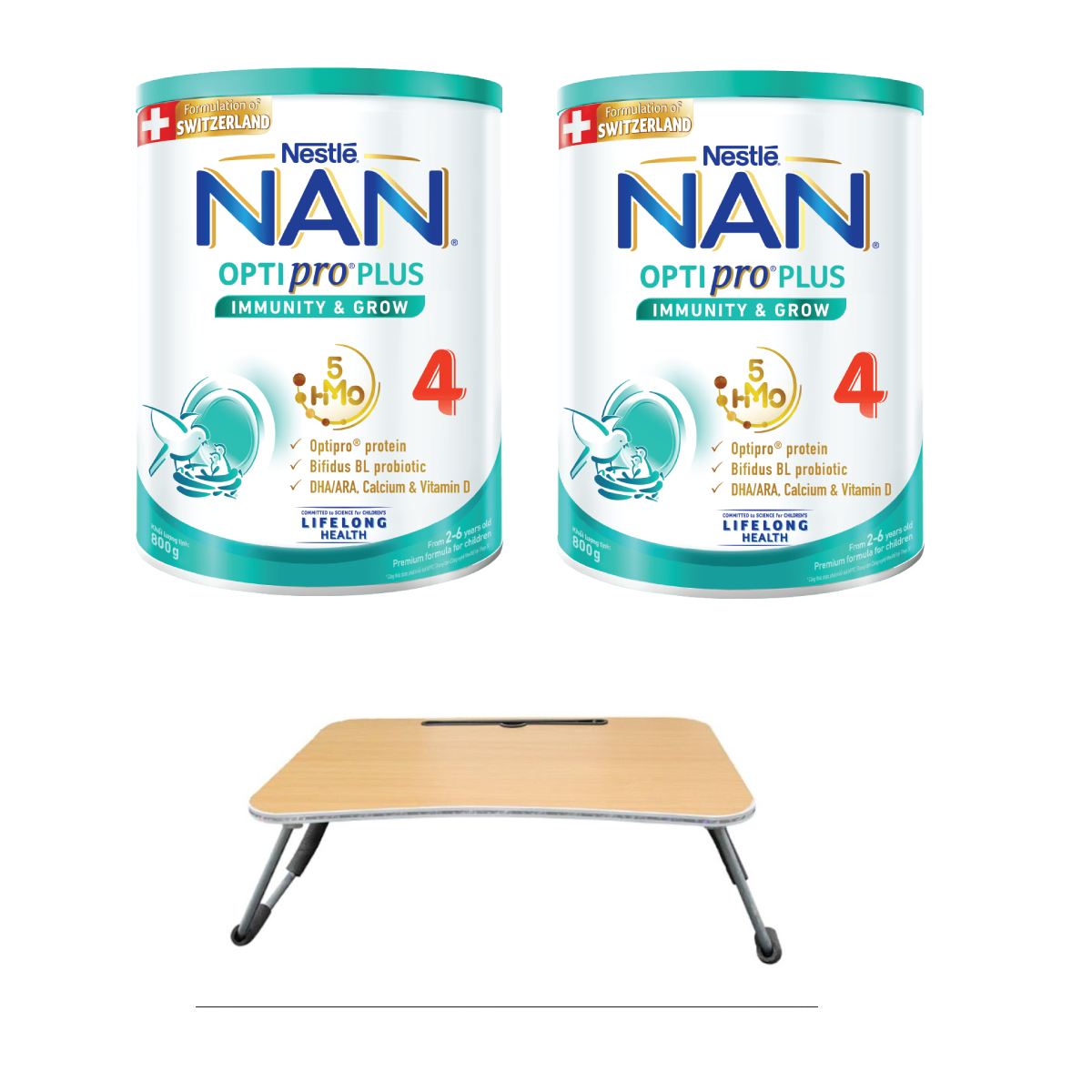 Bộ 2 lon Sữa bột Nestlé NAN OPTIPRO PLUS 4 800g/lon với 5HMO Giúp tiêu hóa tốt + Tăng cường đề kháng + Tặng Bàn học gấp gọn - Bé 2-6 tuổi