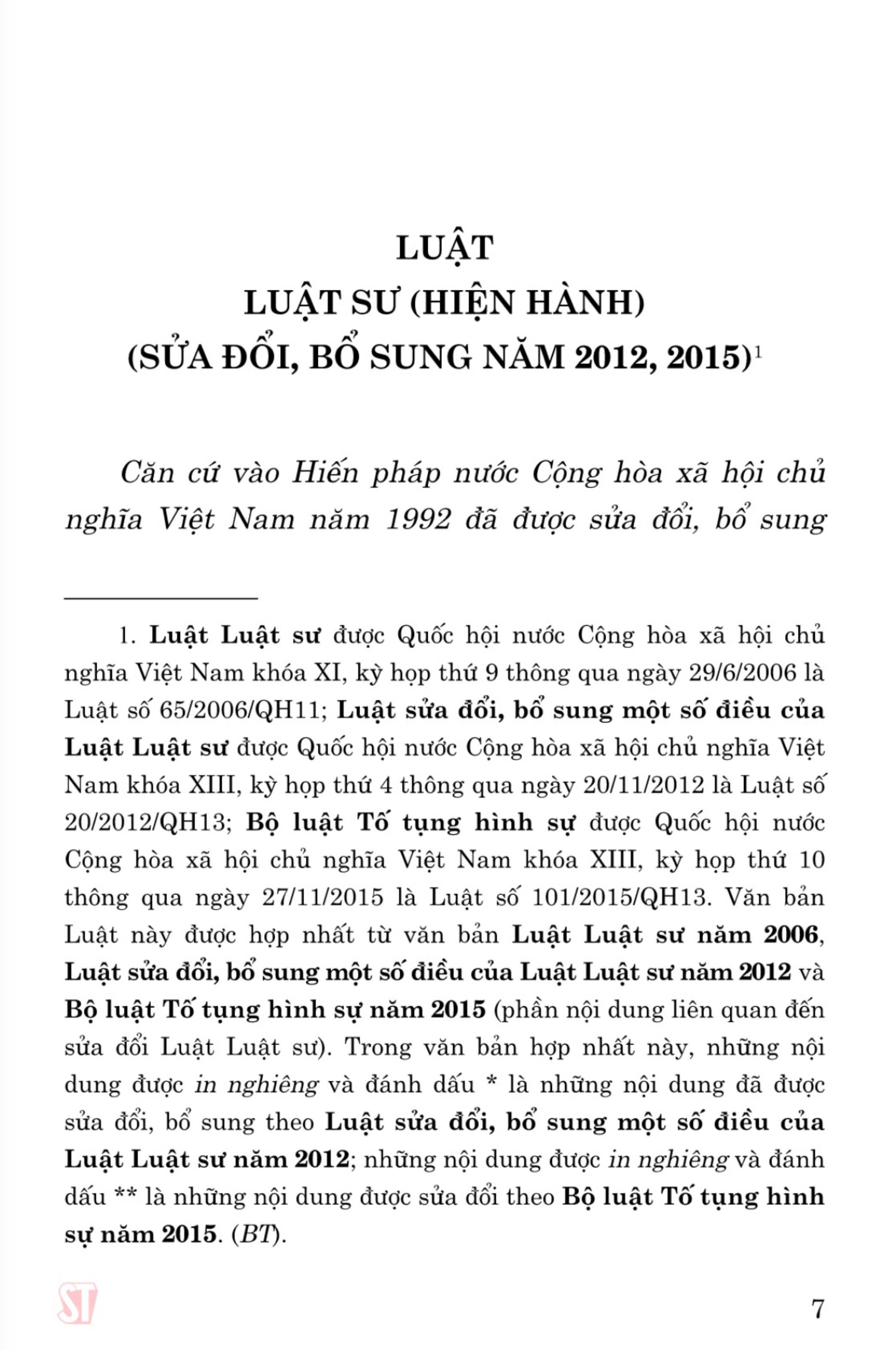 Luật Luật Sư (hiện hành) (sửa đổi, bổ sung năm 2012, 2015)