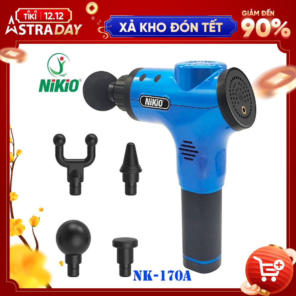 Súng (Máy) Massage Cầm Tay Nikio NK-170A - Kỹ Thuật Mát Xa Gõ Hiện Đại, Tác Động Sâu, Hỗ Trợ Giãn Cơ Toàn Thân - 4 Đầu Thay Thế, 6 Cấp Độ Mát Xa, Pin Sạc Không Dây 2000 mAh