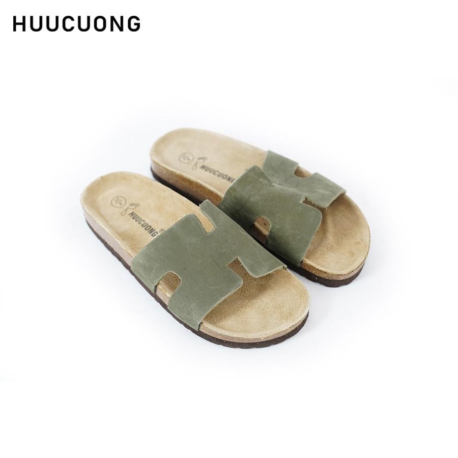 Dép unisex HuuCuong chữ H da bò rêu đế trấu