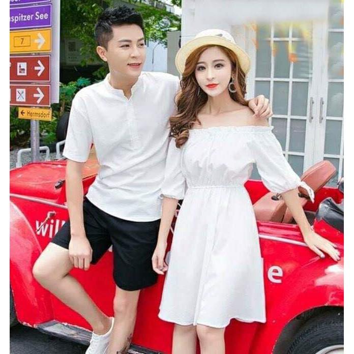 Áo đôi Áo cặp FREESHIP áo đôi váy sơ mi đôi chụp cưới, du lịch màu trắng và hồng - AV03