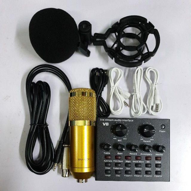 combo míc hát livestream thu âm karaoke online micro BM800 +sound card v8