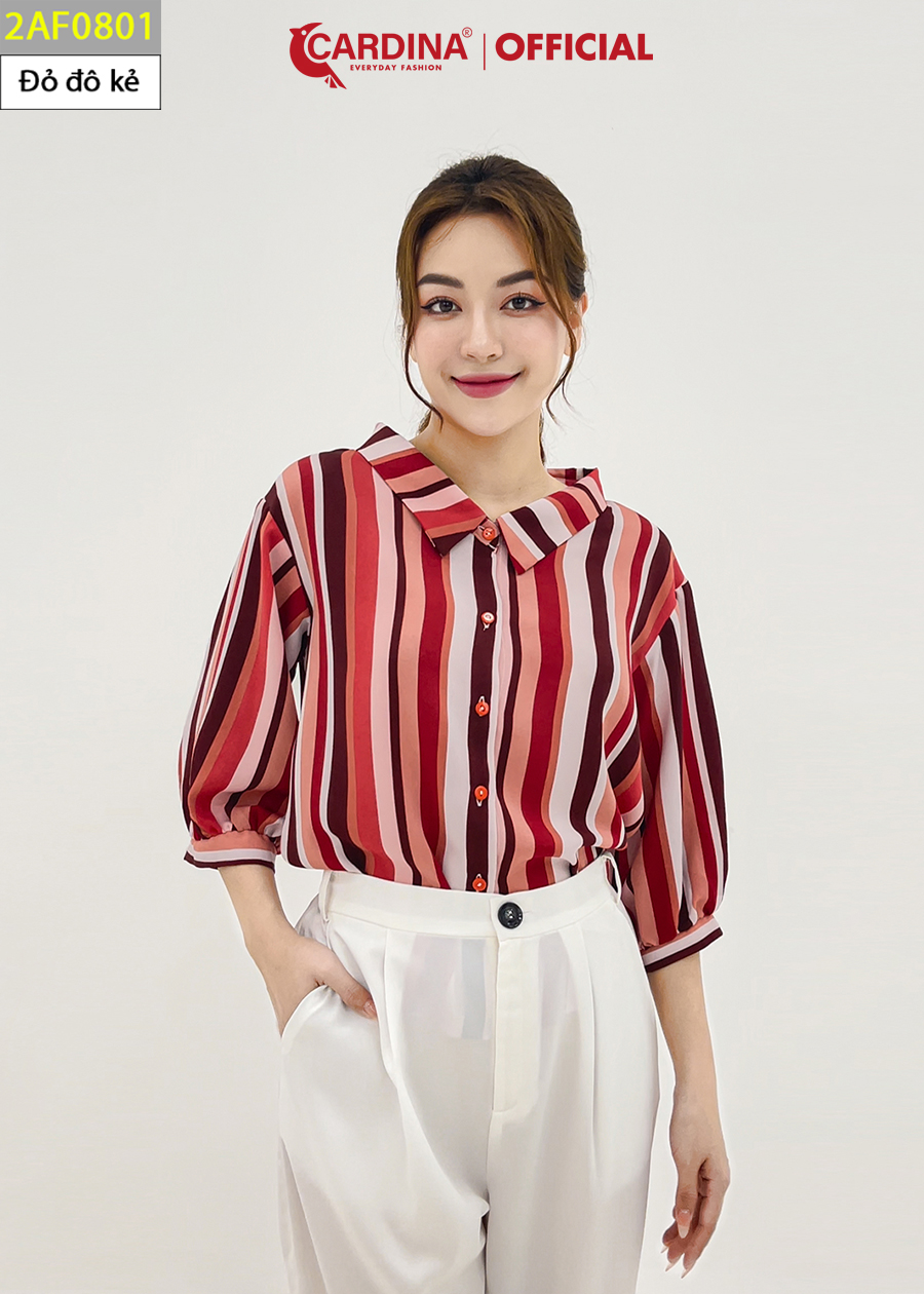 Áo Sơ Mi Nữ CARDINA 4 Màu Kẻ Chất Lụa Mango Cao Cấp Cổ Đức Cách Điệu Tay Lỡ Bo Trẻ Trung 2AF08