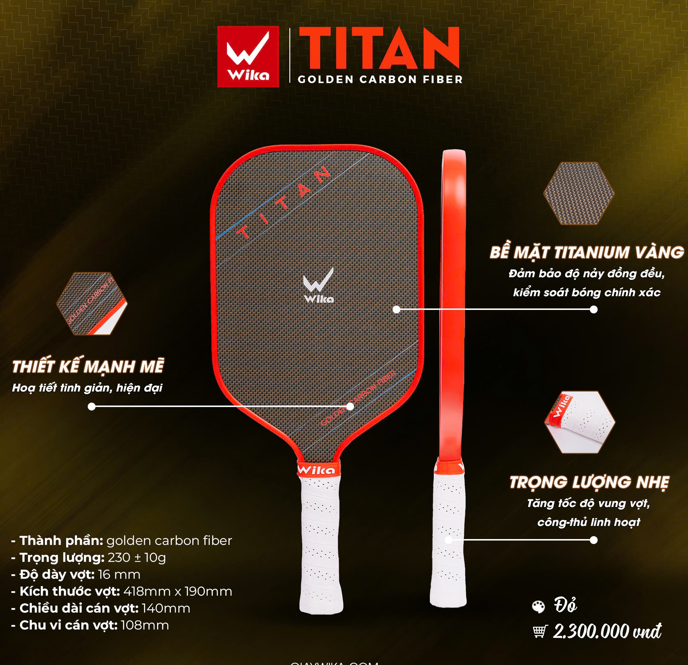Vợt Pickleball TITAN Wi-ka mẫu ới - Mặt vợt titanium vàng bền bỉ, kiểm soát bóng và nảy bóng tốt - Hàng công ty
