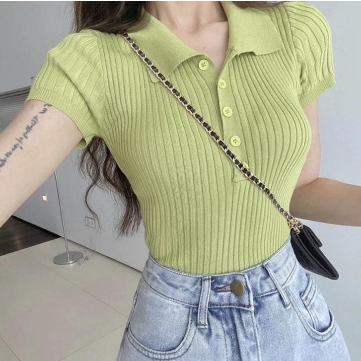 Áo thun polo len dệt kim nữ tay ngắn cổ đức phong cách Hàn Quốc trẻ trung