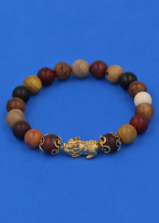 Chuỗi đeo tay Gỗ Đàn Hương 8 màu 8 ly - cẩn Tỳ Hưu Phong Thủy inox vàng VGDHMTHHKV8