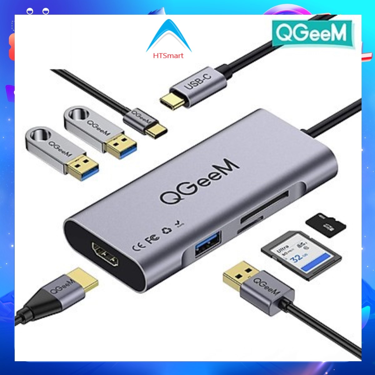 Bộ Hub USB C QGeeM 7 trong 1 4K Type C sang HDMI, 3 x USB 3.0, 1 x USB-C sạc nhanh PD 100w, 1 khe đọc thẻ SD&TF tương thích với MacBook Pro 13/15 , 2018 Mac Air, Chromebook Type C Adapter - Hàng Chính Hãng