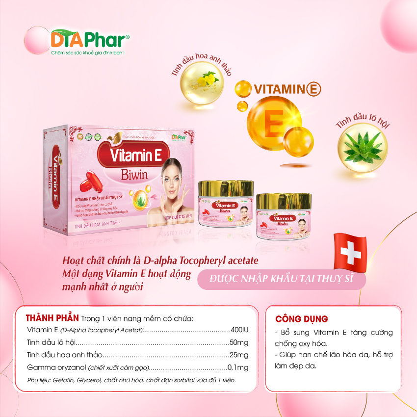 Viên uống bổ sung VITAMIN E BIWIN chống oxy hoá, hạn chế lão hoá da Hộp 2 lọ x 15 viên Tâm An Pharma