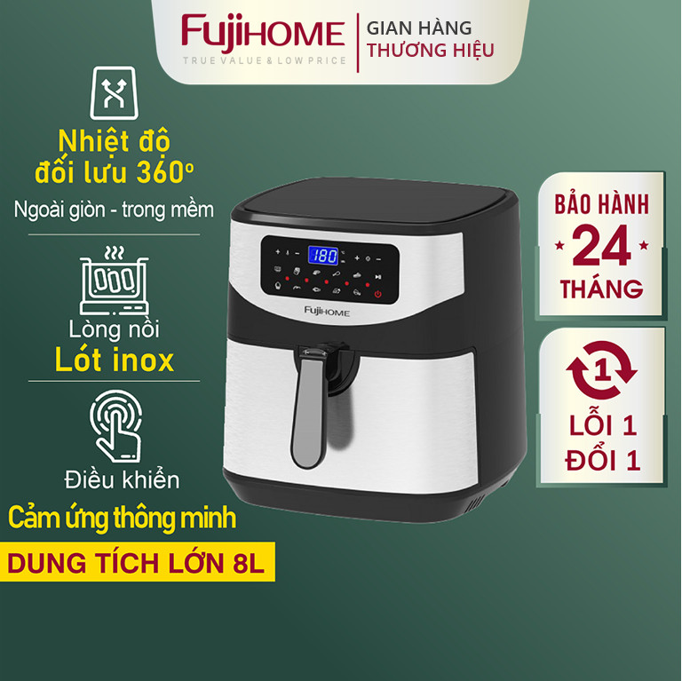 Nồi chiên không dầu 8L điện tử Fujihome Nhật Bản tự ngắt (đi kèm gắp), Lò chiên nướng không khí ko dầu cơ không hơi nước air fryer 8 lít - Hàng Nhập Khẩu