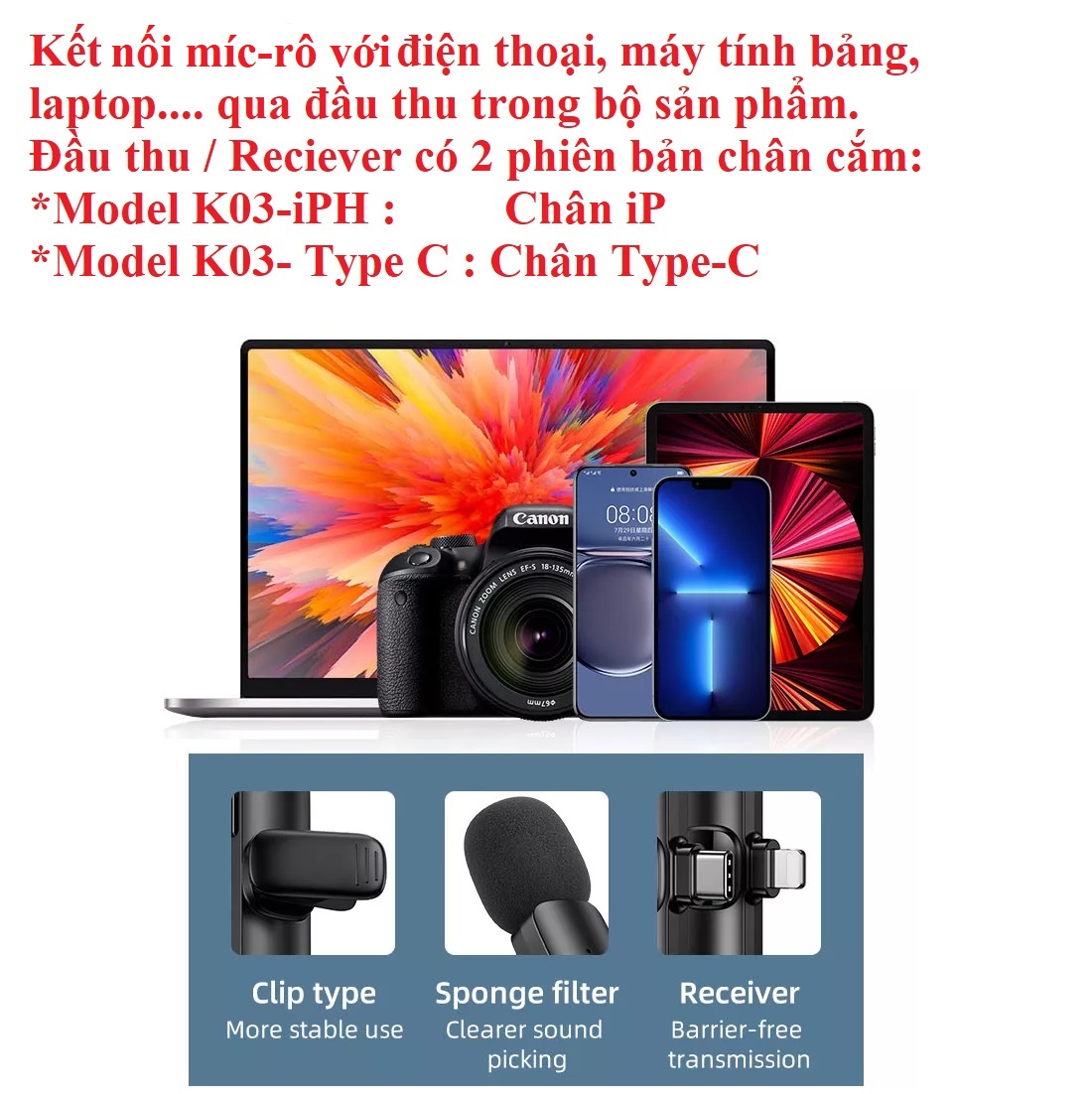 Micro thu âm không dây có kẹp cài áo kết nối type-C / iP Remax K03 / K02 -  Hàng chính hãng