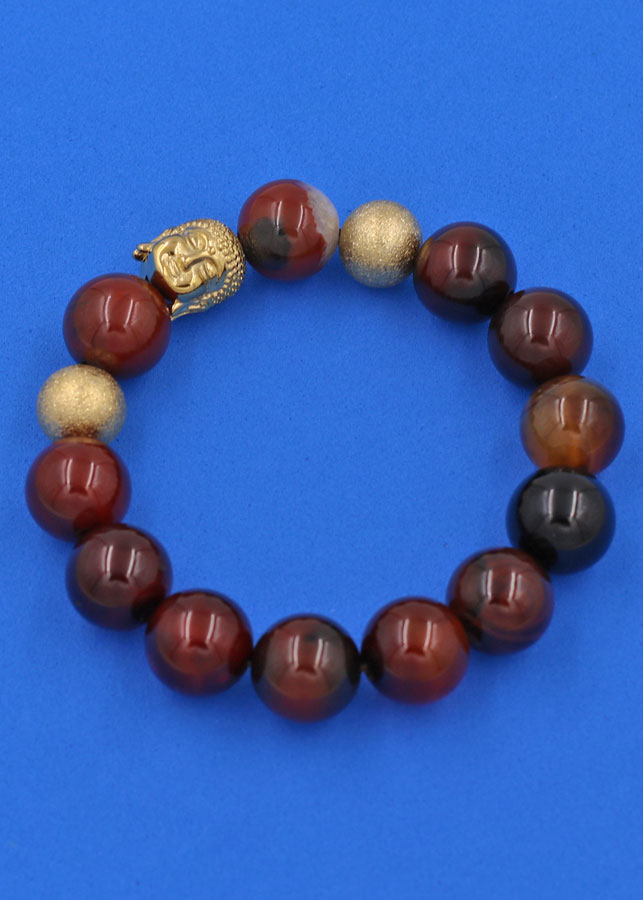 Chuỗi hạt đeo tay Thạch Anh Nâu 14 ly - Vòng tay Phật A Di Đà inox vàng VTANNLVHB14 - Vòng đeo tay size lớn