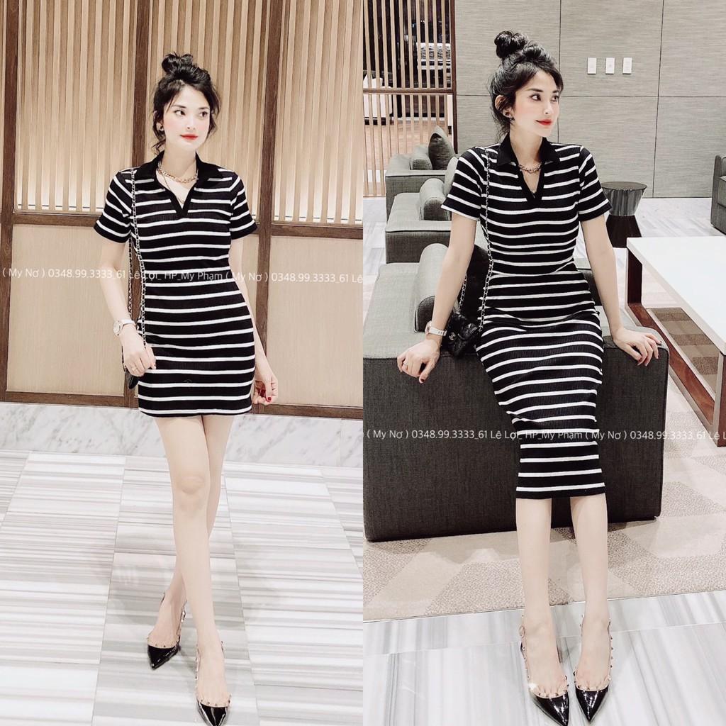 Váy thun cổ bẻ dài - ngắn kẻ sọc dáng ôm xẻ