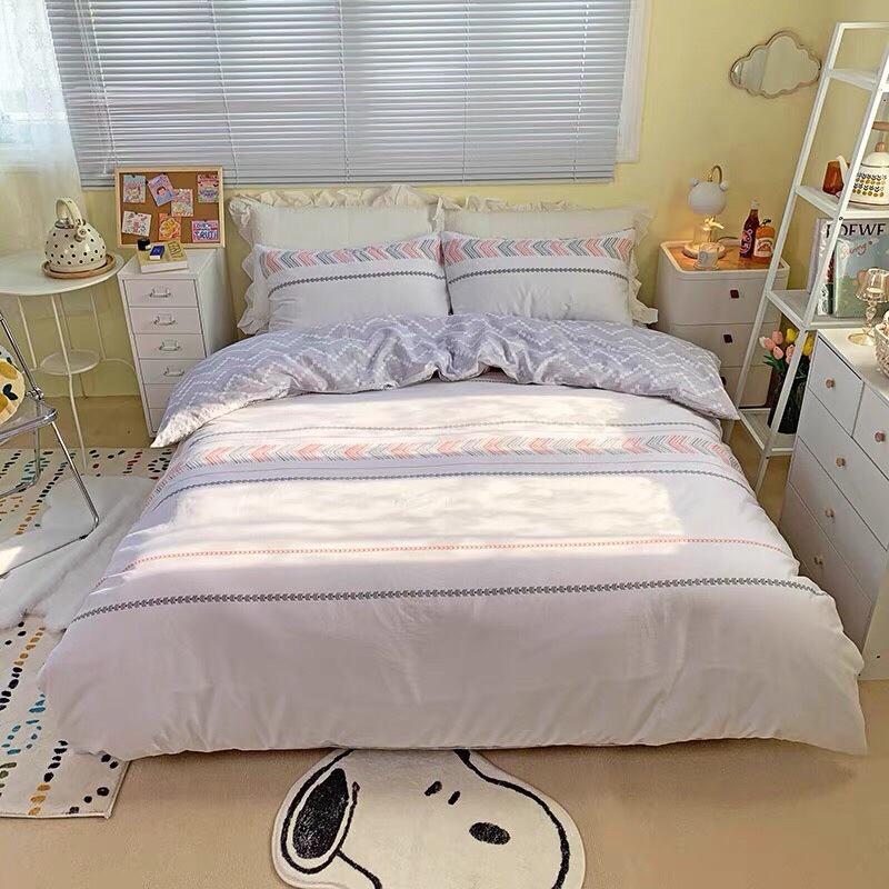 Bộ Chăn Ga Gối Cotton Living 100%cotton Hàng Nhập Khẩu Cao Cấp Mẫu Kẻ Thổ Cẩm Trắng Đơn Giản Độc Lạ