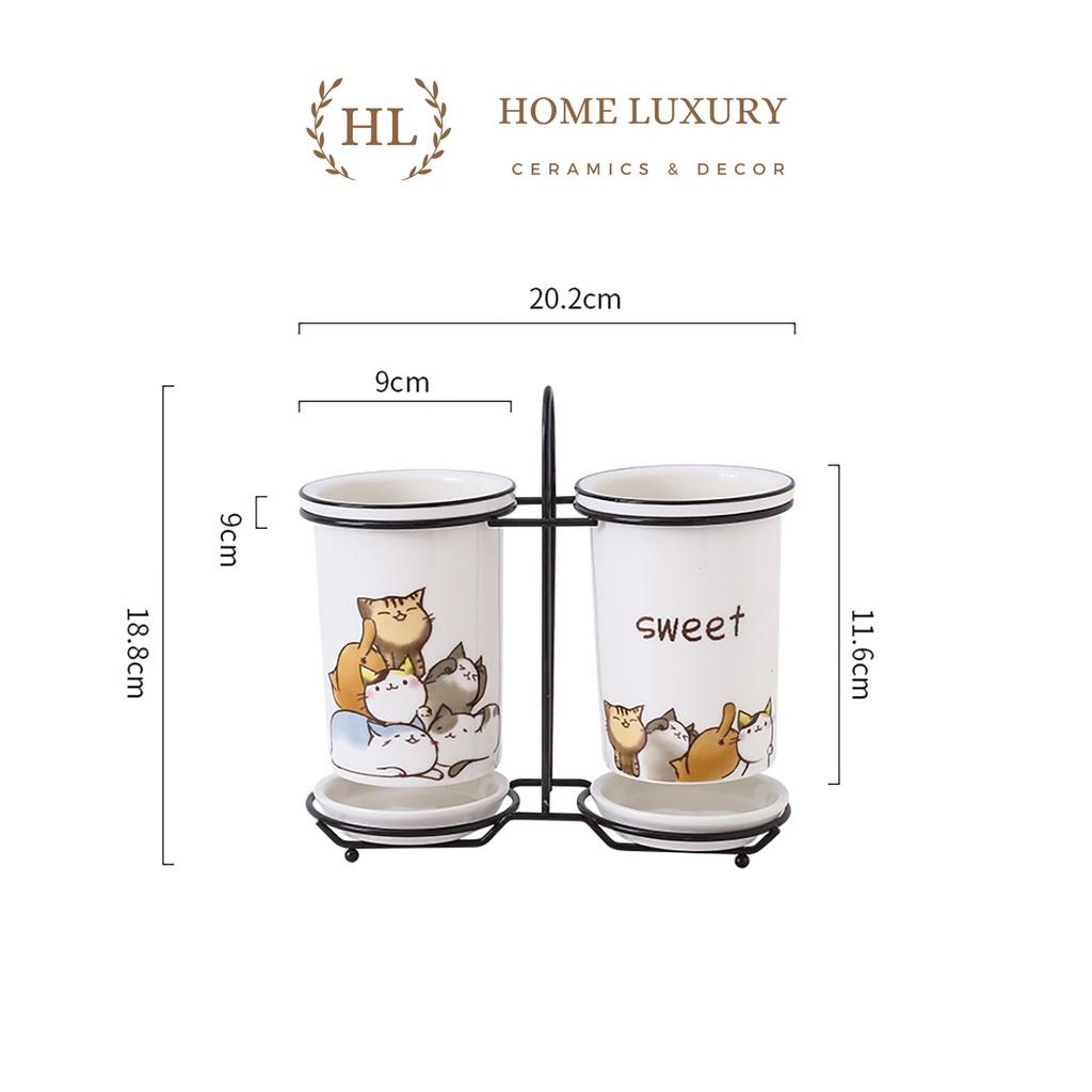 Ống cắm đũa sứ 2 cao cấp Home Cat Sweet | ỐNG ĐỰNG ĐŨA CHẤT LIỆU SỨ KHUNG KIM LOẠI HOẠT TIẾT CHÚ MÈO 2022