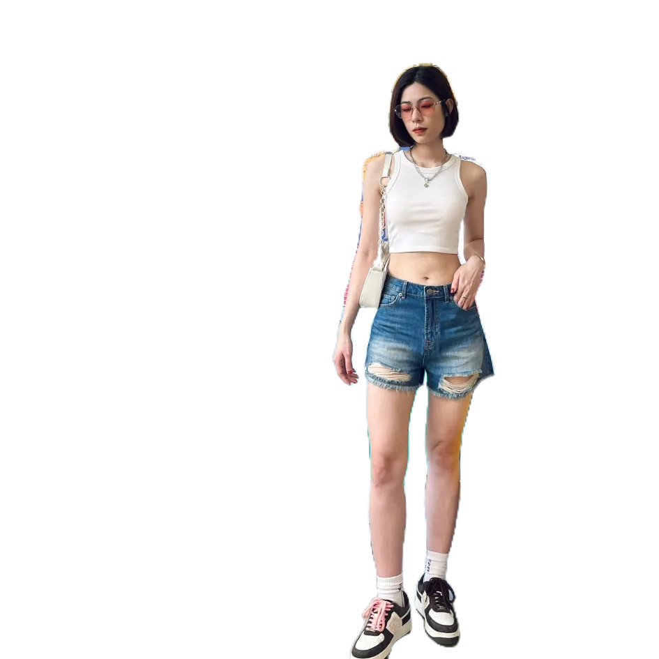 Quần short jean nữ lưng cao S01 túi đắp vuông_Quần bò jean chất Denim co giãn thương hiệu Samma Jeans