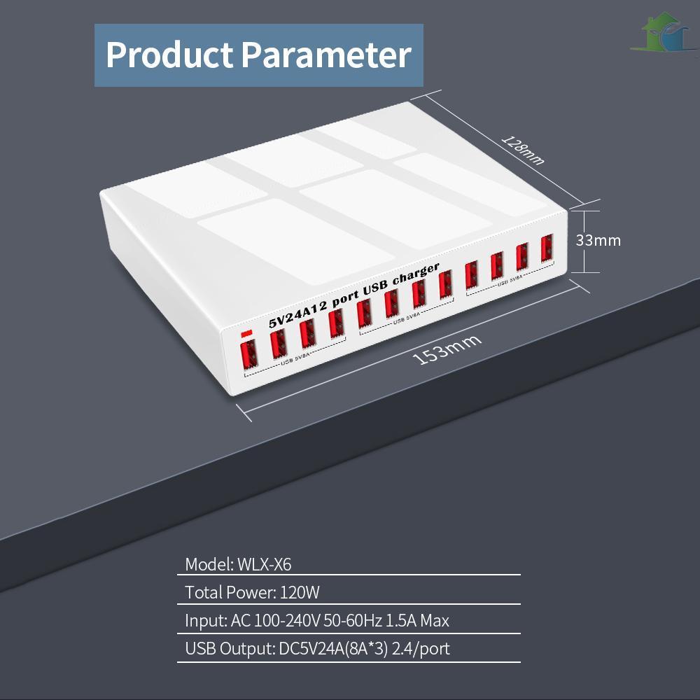 Bộ sạc nhanh thông minh X6 12 cổng USB 5V24A công suất cao cho điện thoại/máy tính bảng