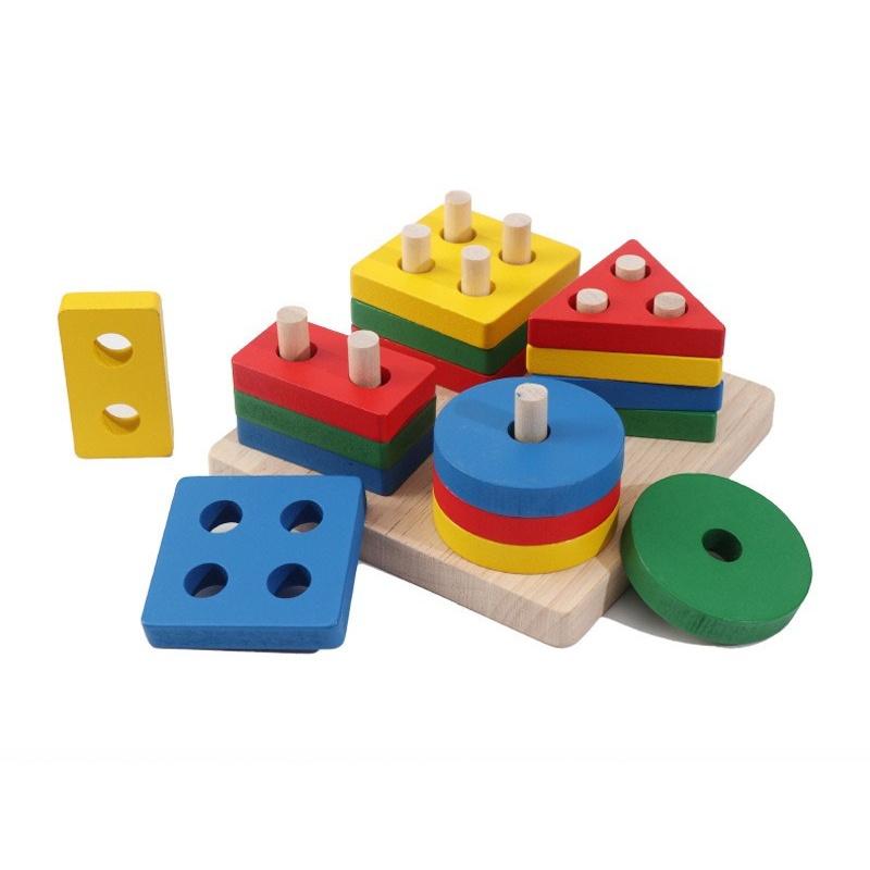 Bộ xếp hình montessori thả khối 4 cọc trụ bằng gỗ - đồ chơi gỗ