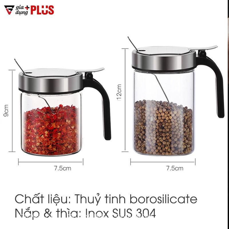 Lọ đựng gia vị thuỷ tinh boroslicate nắp bật bằng inox sus 304 cao cấp (+tặng kèm thìa inox 304