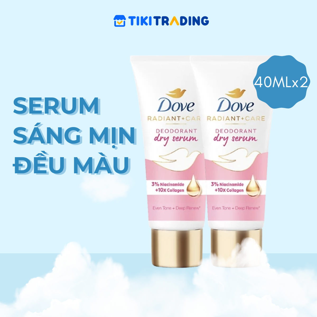 Combo 2 Kem ngăn mùi tinh chất serum vùng cánh cao cấp Dove dành cho nữ với 3 Niacinamide giúp dưỡng da sáng mịn đều màu và mờ thâm thu nhỏ lỗ chân lông 40ml