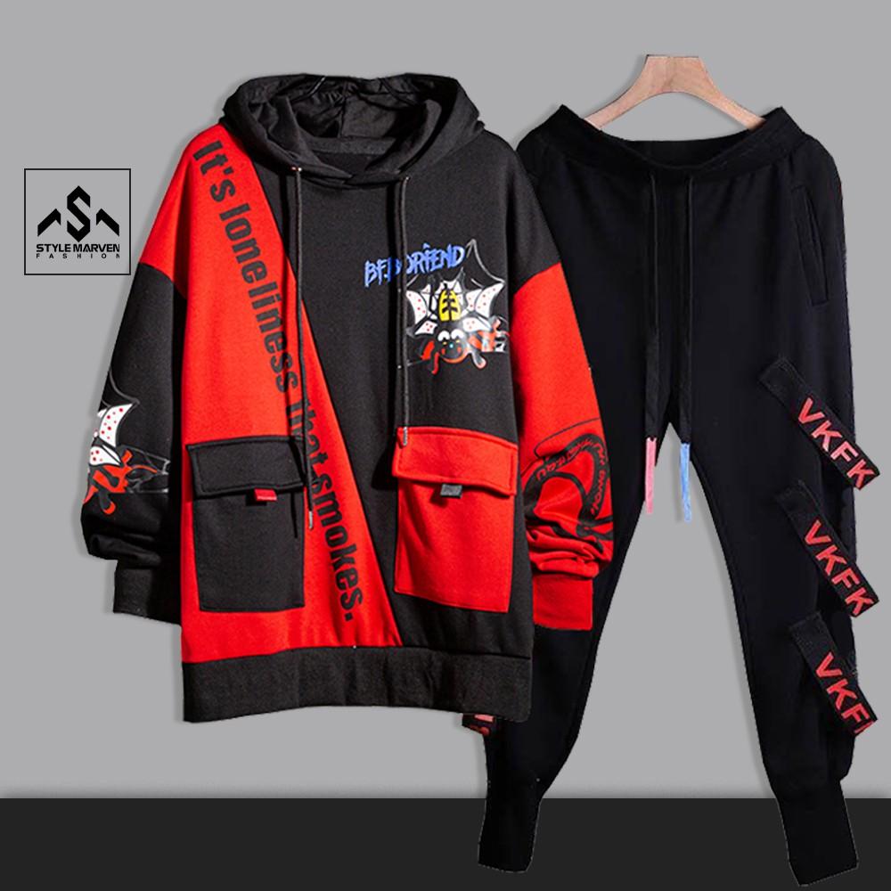 Bộ nam chất thun da cá STYLE MARVEN Hoodie BF.BORFEND hình nhện mix Jogger trẻ trung - SET NAM 9000088C