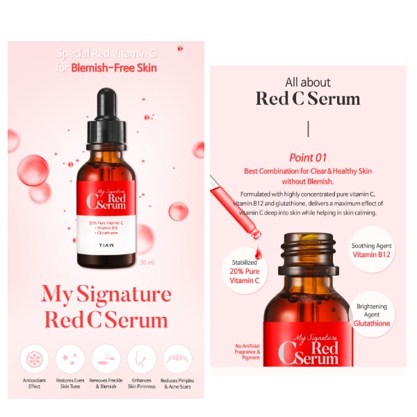 Tinh Chất phục hồi dưỡng trắng sáng da mờ vết thâm Tiam My Signature Red C Serum (30ml) + Tặng kèm 1 mặt nạ sủi bọt thải độc da S:um 37 Đen