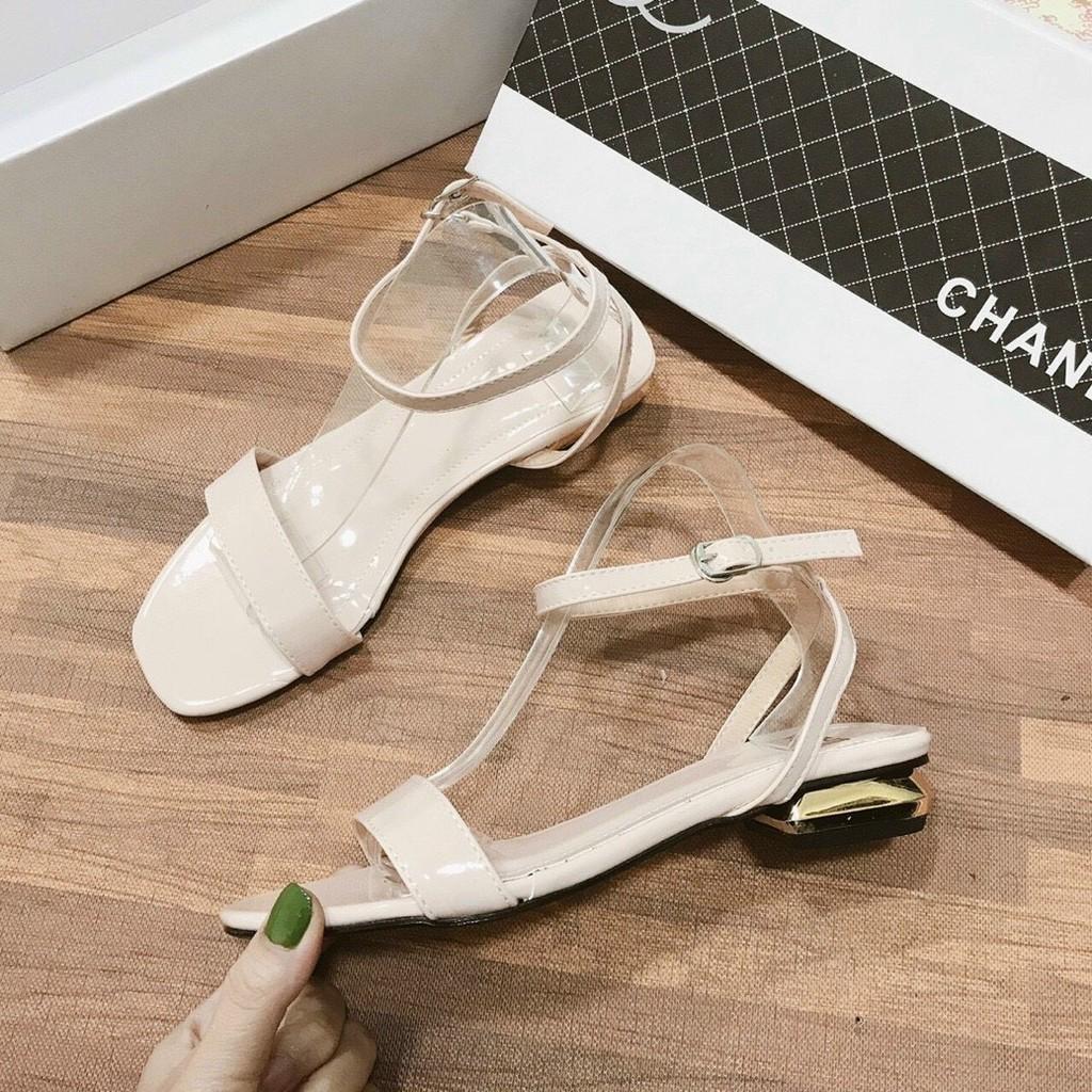 SANDAL ĐẾ BỆT DA BÓNG QUAI NGANG GÓT VÀNG - 2P