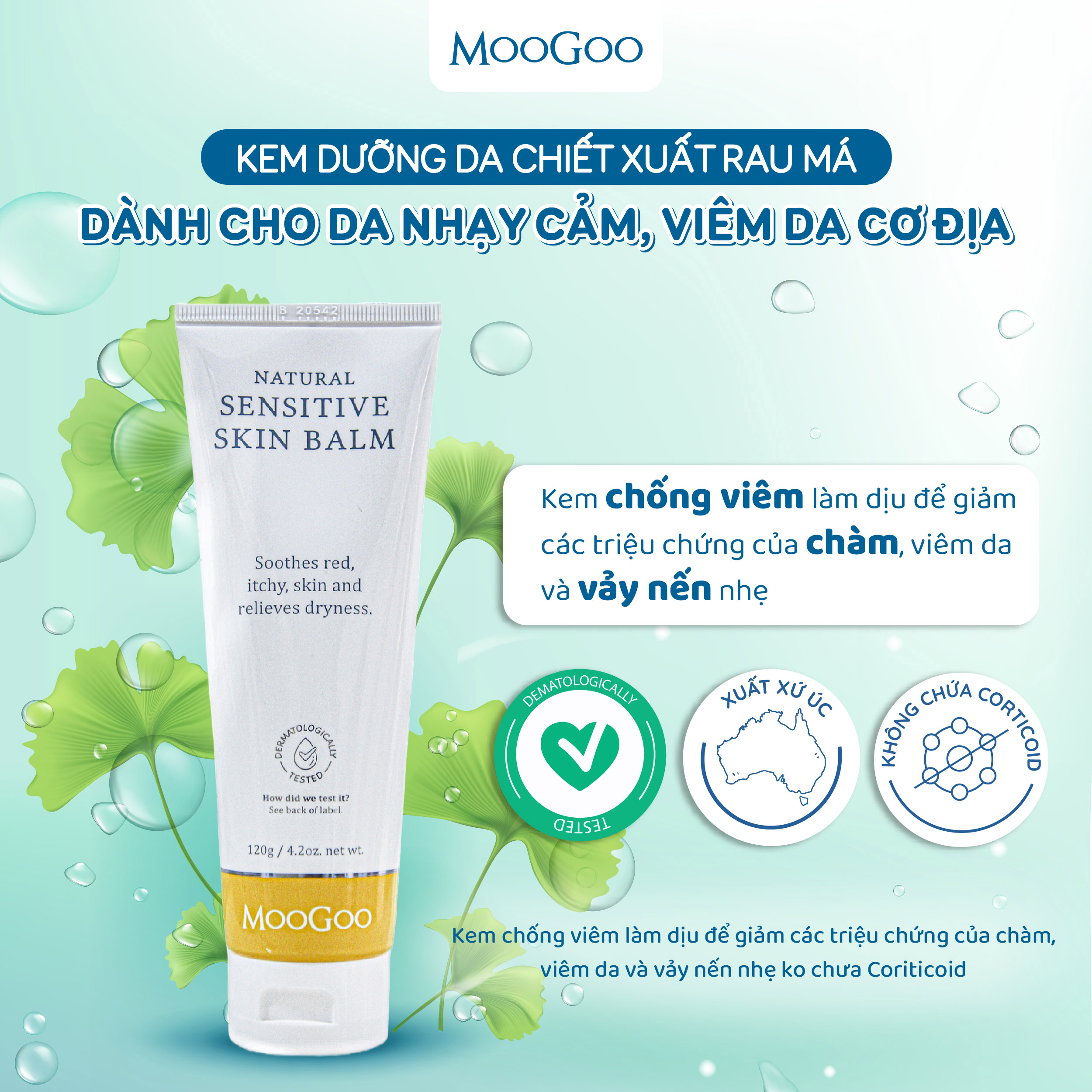 Kem bôi viêm da cơ địa, vảy nến, chàm sữa em bé, chiết xuất rau má MooGoo