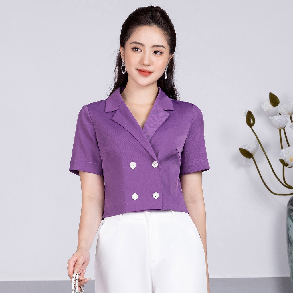 Áo sơ mi nữ cổ vest 4 cúc croptop ngắn tay thời trang thiết kế UK Fashion vải Hàn không nhăn màu tím, vàng NKSM2206009