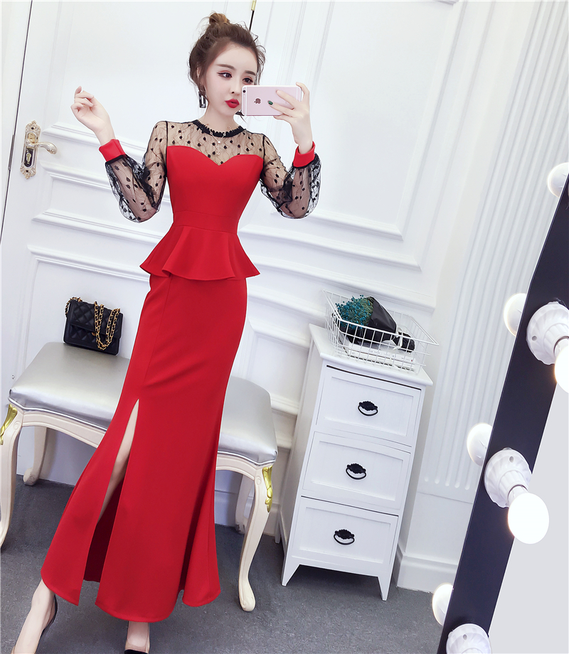 Đầm dạ hội body peplum phối lưới bi cao cấp - D86277