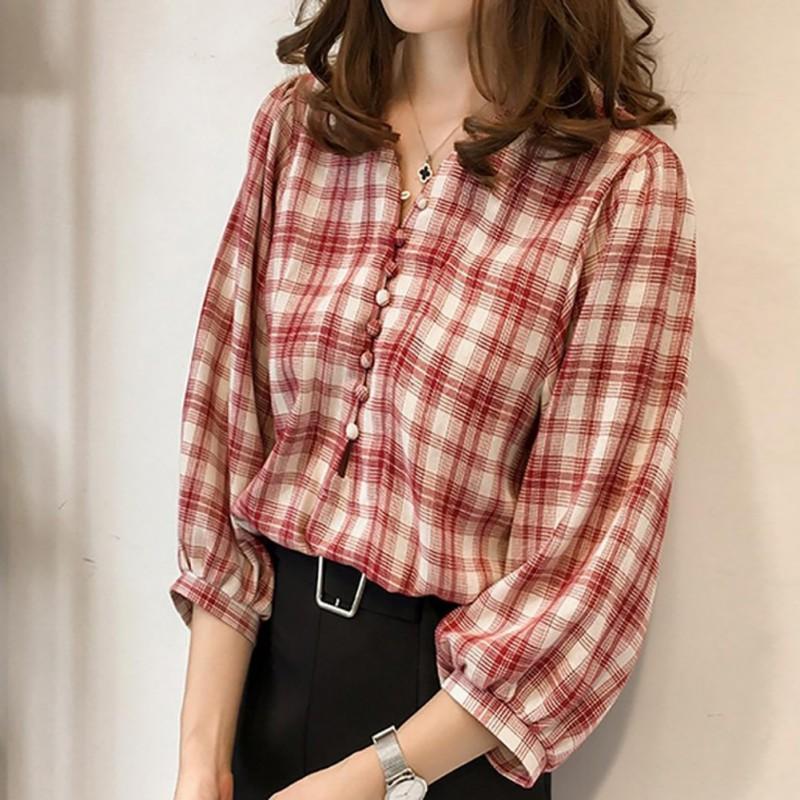 Áo tay dài cổ V kẻ sọc caro màu trơn cổ điển cho nữ