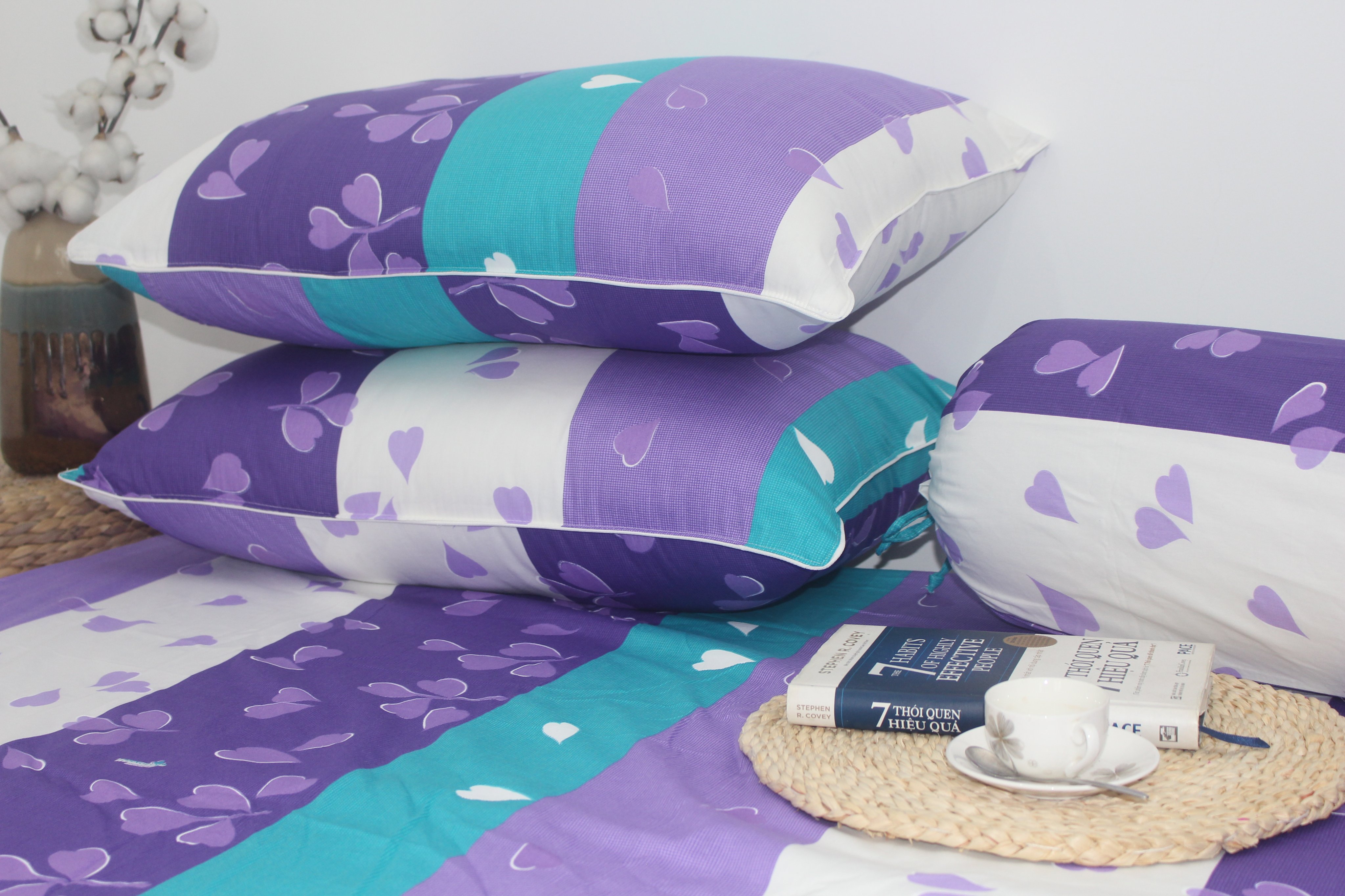 Bộ Drap Gối Cotton -Mẫu TIM TÍM - vải dày dặn, mát mẻ, siêu thấm mồ hôi