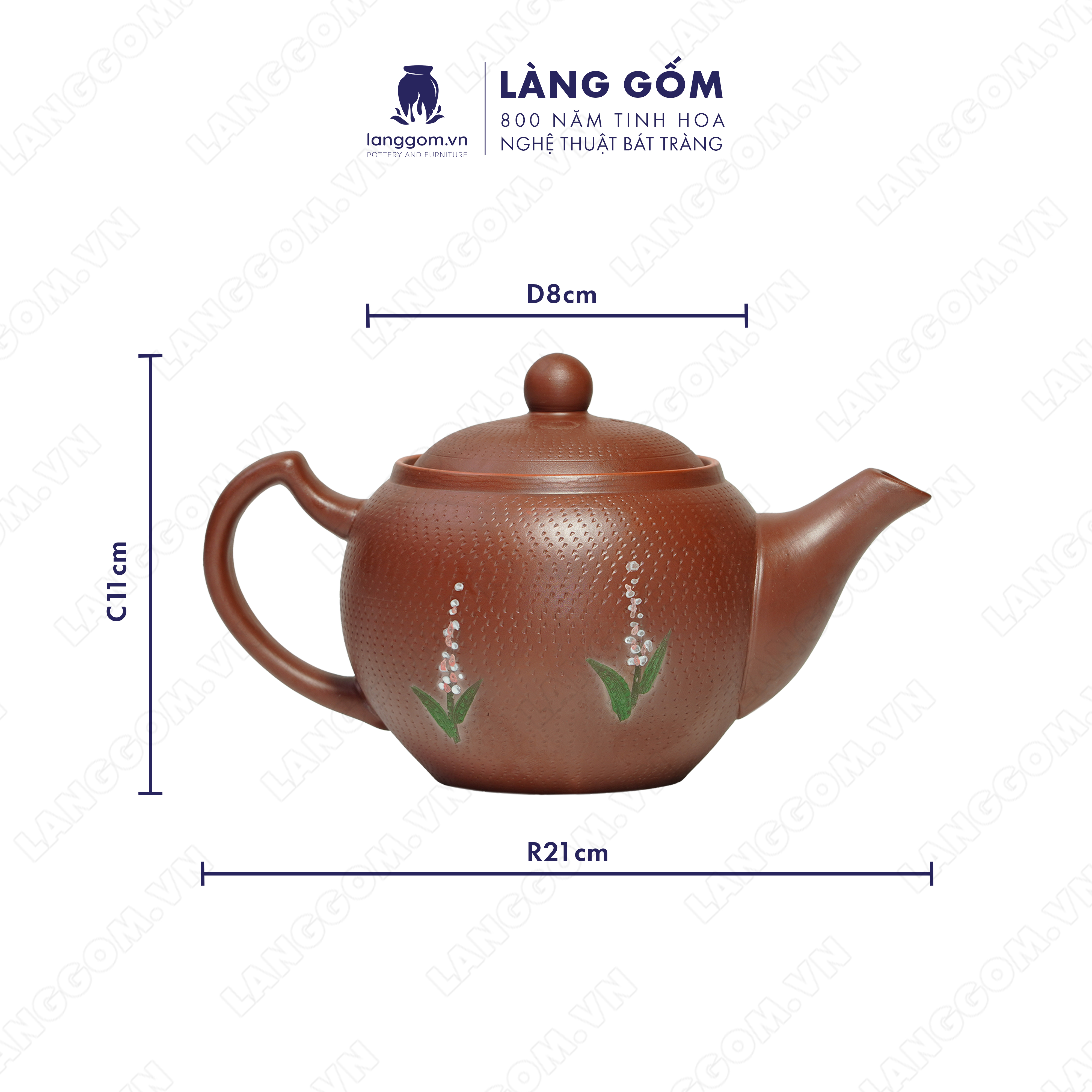 Bộ ấm chén đất nung hoa oải hương - Men mộc - Gốm sứ Bát Tràng - langgom.vn