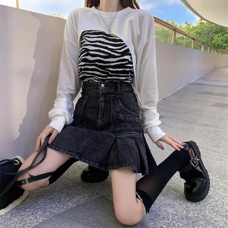 Set áo crop tay dài ngựa vằn siêu hot tiktok